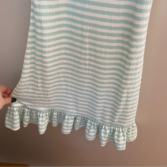 Vero Moda Dress Striped Mint Green White Ribbed Puff Sleeves Ruffle Edge Casual - Picture 4 of 10